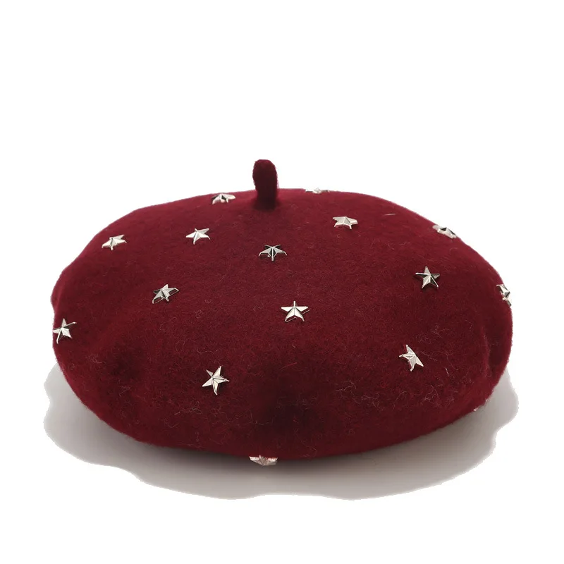 Women Girl Star Rivet Wool Beret American European Style Cool Winter Cap Solid Color Beret Painting Artist Hat