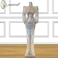 dubai sheer luxury beaded high neck evening dresses mermaid muslim long sleeve floor length prom party dresses formal dress