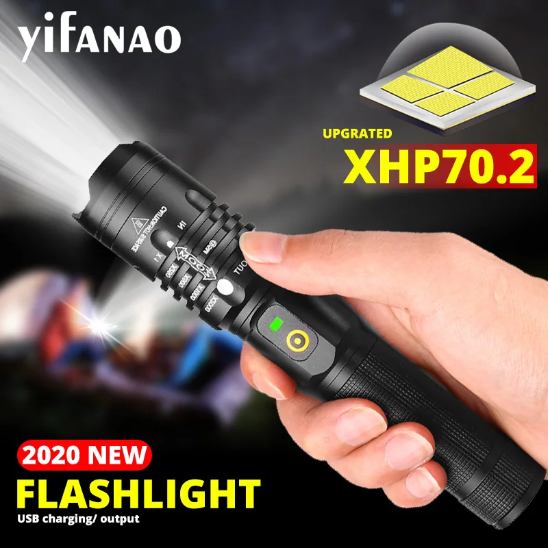 

Powerful LED Flashlight XHP70.2 26650 Rechargeable Torch XHP50.2 18650 USB Zoom Lantern XHP50 Hunting Lamp Self Defense