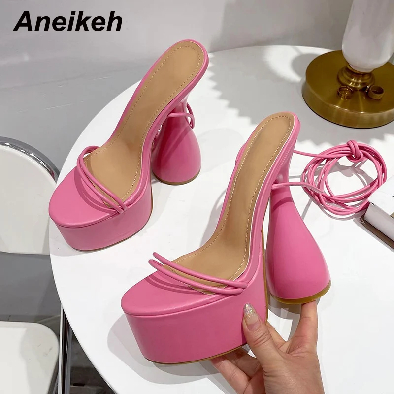 

Aneikeh Women Shoes Summer PU Riband Round Heels Cross-Strap Classics Sandalias 2022 Rome Sexy Pumps Fashion Party Solid Lace-up