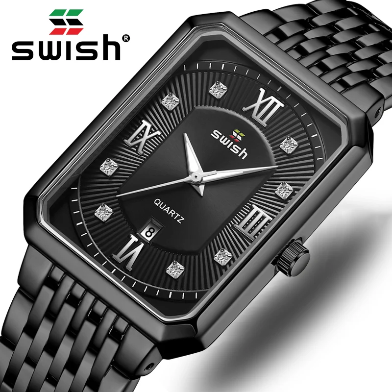 

Men's Luxury Brand Designer Rectangle Watch Full Stainless Steel Black Watch Men Waterproof Date Quartz Clock Relogio Masculino