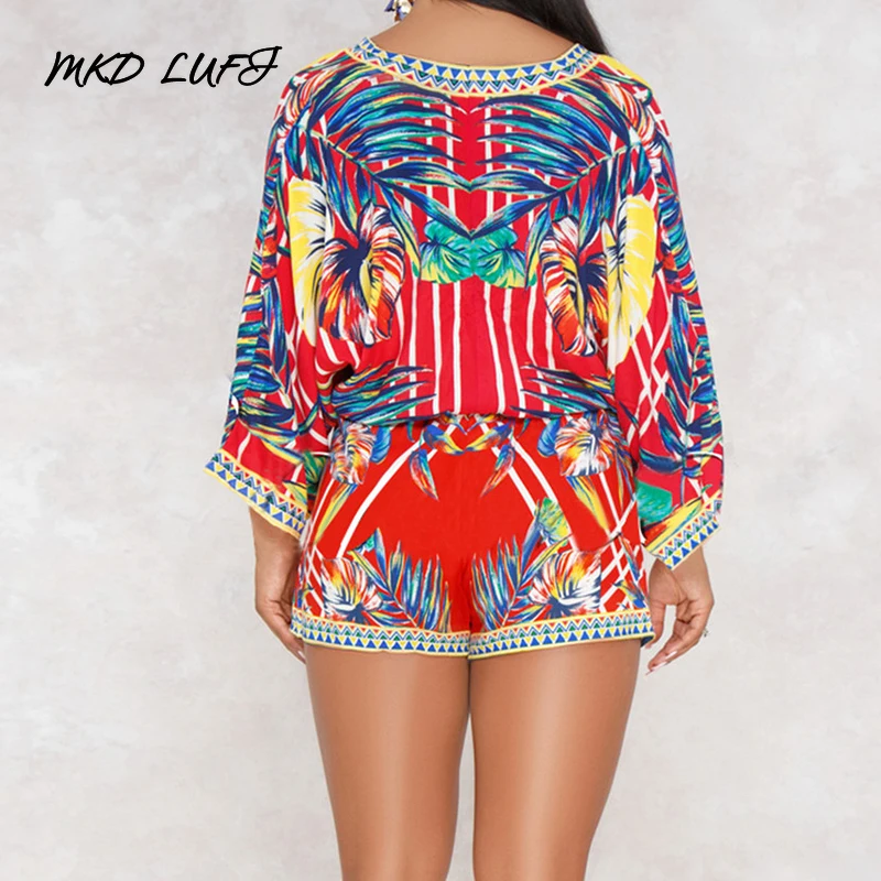 Bohemian Printed Long Sleeve V Neck T Shirt Tops &amp Elastic Waist Skinny Shorts Set Casual Summer Beach 2 Piece Outfits for Women | Женская