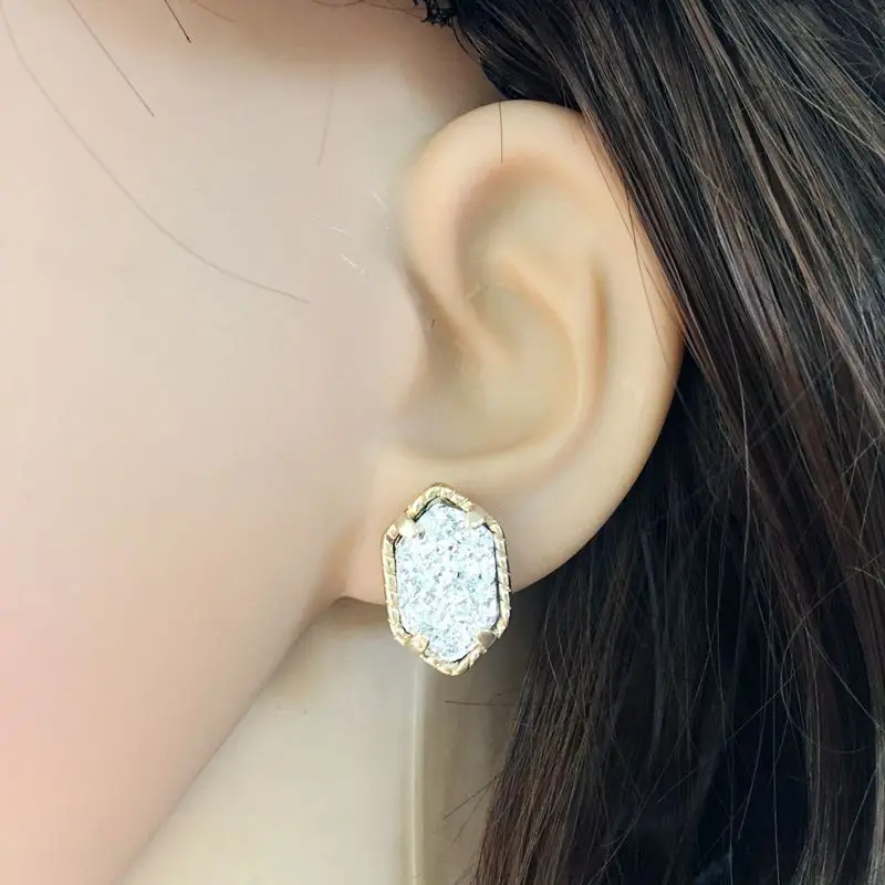 Золота овальной Стиль Агат Drusy серьги-гвоздики с шестигранной головкой смолы