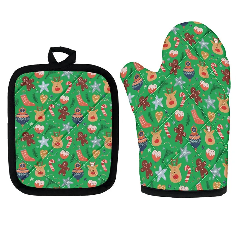 

Cartoon Green Happy Christmas Pattern Microwave Oven Gloves 2pcs/Set Kitchen Accessories Insulation Baking Tools Mitts and Mats