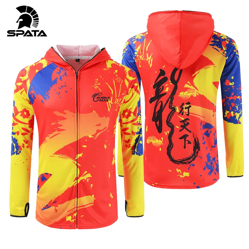 

SPATA Fishing Suit Quick Dry Long Sleeve Chinese Dragon Anti-UV fishing hoodie coat Cycling Hiking Breathable fishing Shirt Jean