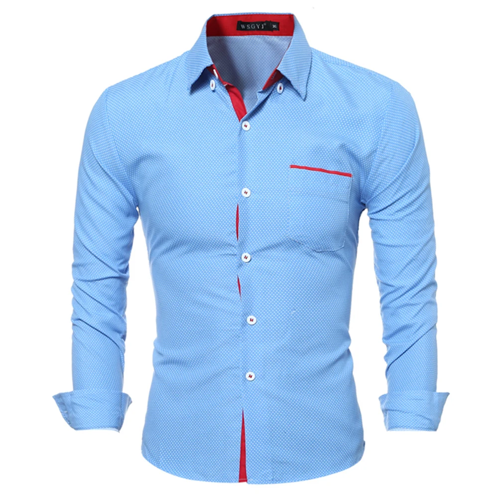 7035 blue Мужские повседневные рубашки, осень, новые модные однотонные мужские рубашки с длинным рукавом из хлопка, приталенные повседневные деловые рубашки на пуговицах, топы - Цвет: 7035 blue