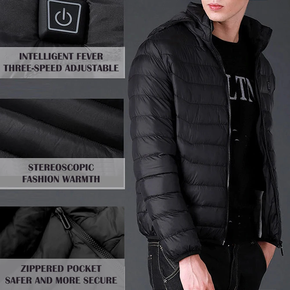 Mens Winter Warm USB Heating Jackets Outdoor Coat Smart Heating Hooded Pure Color Waterproof Jackets