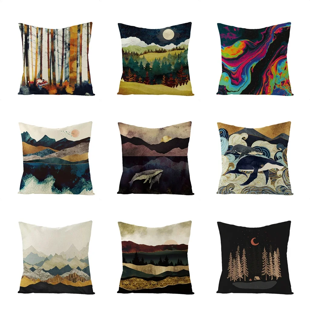 

Retro Colorful Forest Mountains Print Throw Pillowcase Linen 45*45CM Home Decor Waist Pillow Case Sofa Bed Lumbar Cushion Cover