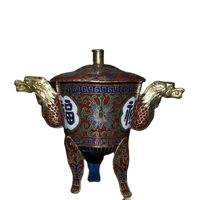 antique collection of three legged incense burner with red copper body and cloisonne for silk and longevity