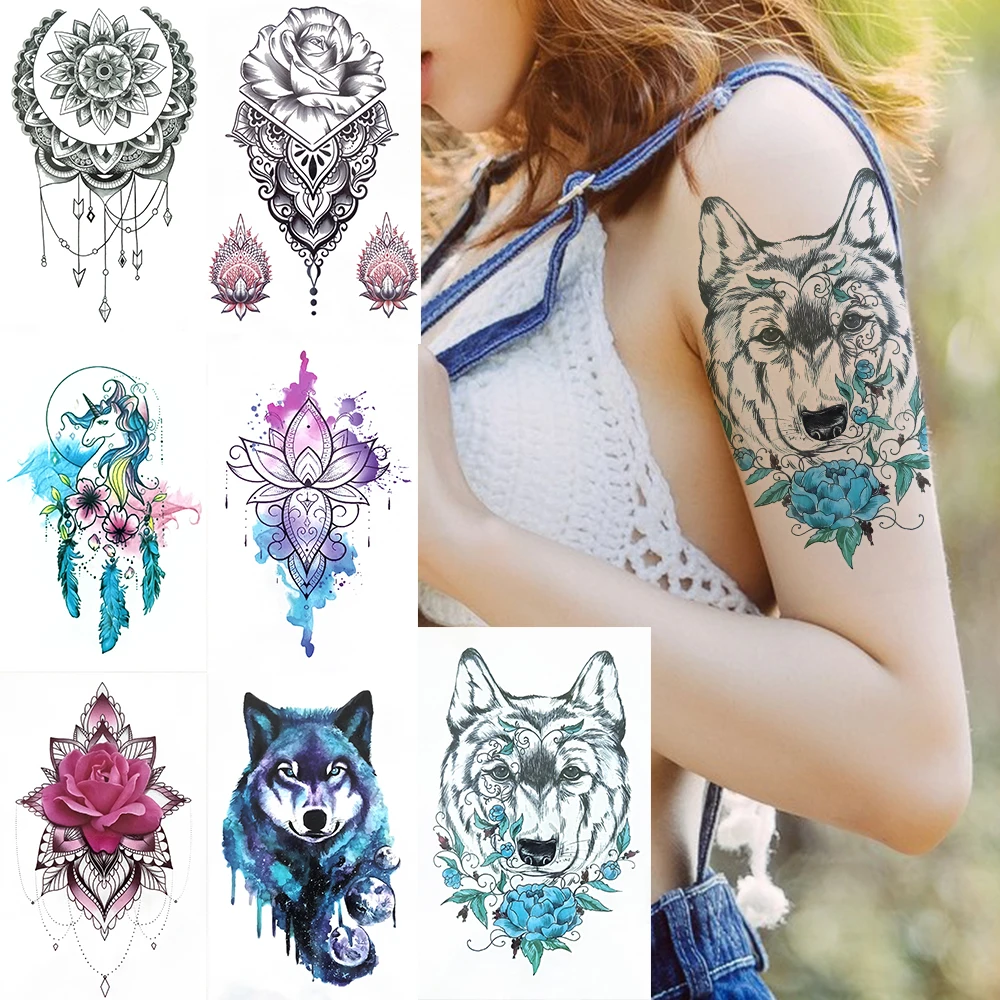 Искусственные временные татуировки с волком пионом для женщин и мужчин тату