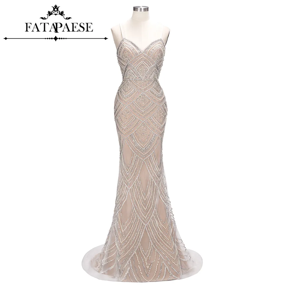 

Mermaid Evening Dress 2020 Beaded Pearls Spaghetti Strap Sweetheart V-Neck Evening Party Gown Summer Women Dress Robe De Soiree