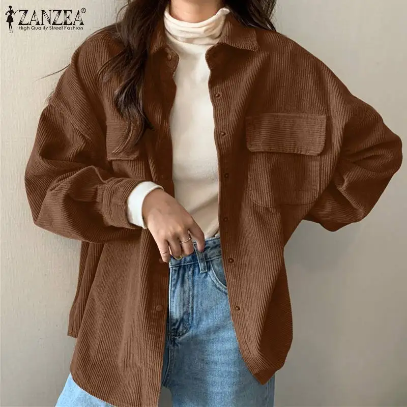 

2021 Autumn Vintage Corduroy Chemise ZANZEA Casual OL Blusa Fmeale Oversized Lapel Tops Stylish Blusa Women Fashion Solid Blouse