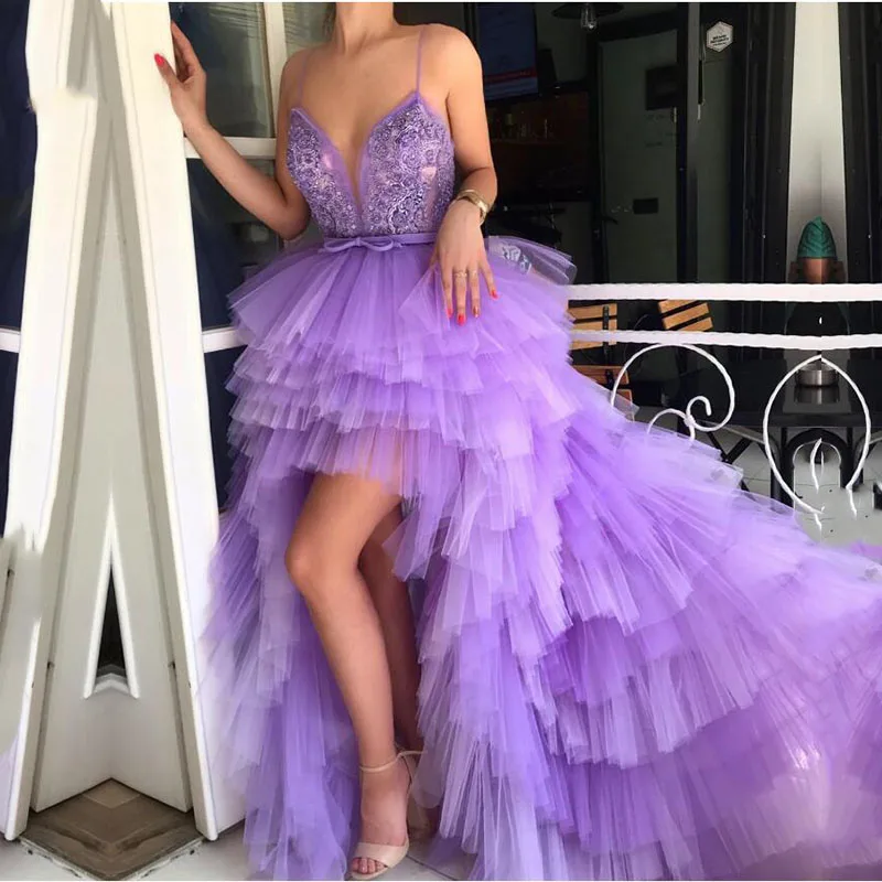 High Low Prom Dresses 2020 Sexy Spaghetti Strap Tiered Tulle Purple Formal Evening Dress for Party Graduation Vestido de festa | Свадьбы и