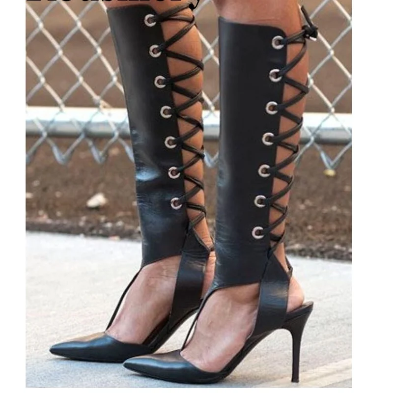 

Модные пикантные черные высокие женские ботинки с острым носком на тонком высоком каблуке с перекрестной шнуровкой, Размеры 35-43, сезон весн...