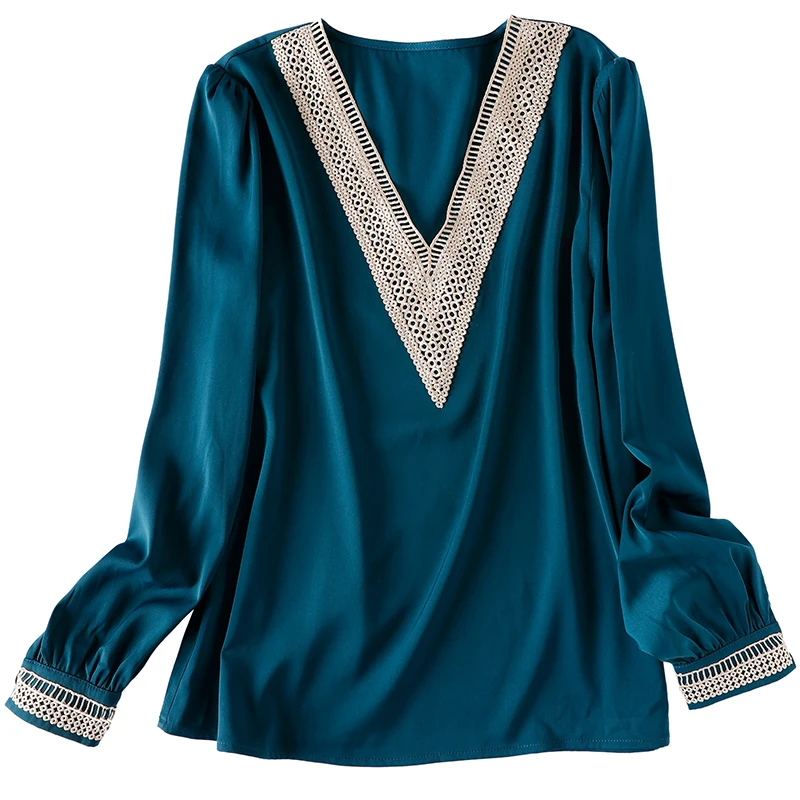 

Chiffon blouse retro elegant V-neck stitching lace shirt female 2021 early spring new style drape temperament loose fashion blue