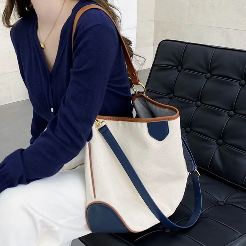 

Женские сумки контрастных цветов на плечо, холщовые сумки-тоуты, вместительные сумки через плечо для женщин, новые модные брендовые сумки ...