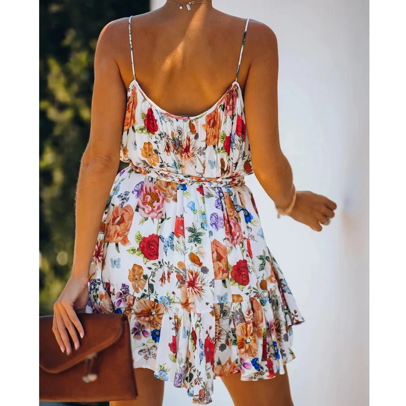 

Summer Floral Printed Spaghetti Strap Sleeveless Sexy Slash Neck Mini Dress For Women High Waist Casual Beach Ruffle Sundress