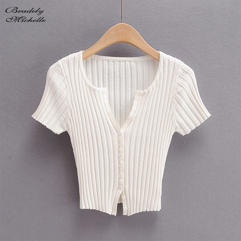BRADELY MICHELLE Women Fashion Streetwear Short-Sleeve Cardigans with Single Breasted Big Elastic Knitted Thin Sweater Crop Tops |