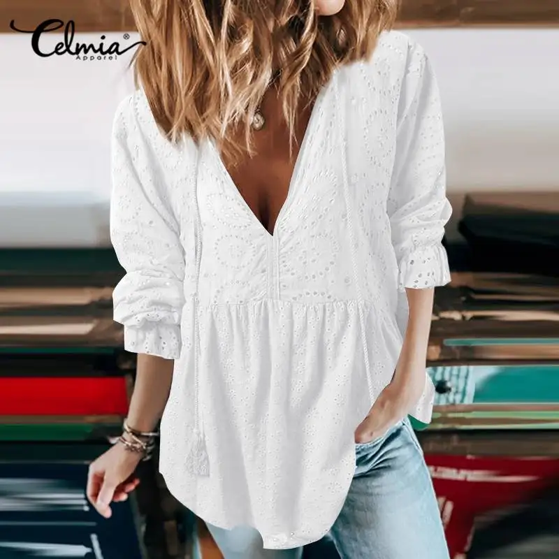 

Женские повседневные блузки Celmia с вырезами, пикантные бандажные легкие блузки с глубоким V-образным вырезом, элегантные рубашки с баской и д...