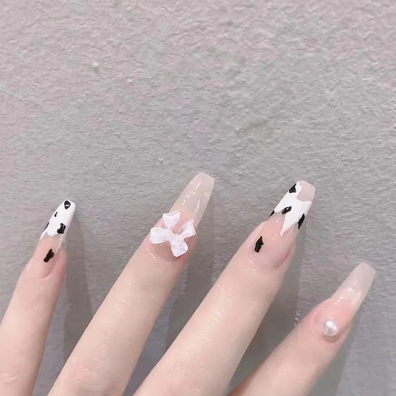 

24pcs artificial nails with glue Bow Cow Pattern Type Removable Long Paragraph Fashion Manicure Save Time False Nail Patch TO
