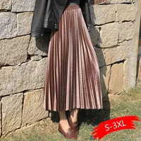 oversize Spring 2022 Women Gold Velvet High Waist Skirt Long Metallic Maxi Pleated Midi Skirt Casual Small Swing Skirt faldas