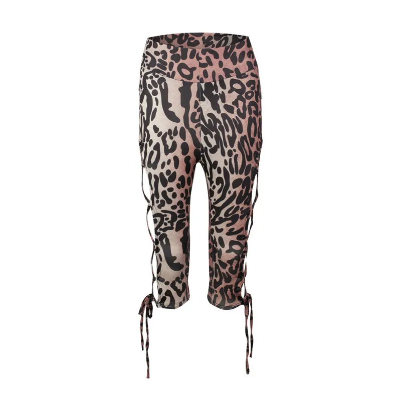 

Women Leopard Print Tight Trouser Side Cross Bandage Hollow Out Summer High Waist Knee Length Pants Female Sport Pant Streetwear
