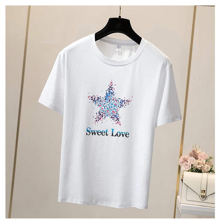

Houthion Cotton Women's T-shirt Short Sleeve Top Loose Letter Print T Shirt Casual New Korean Fashion Summer Tshirt O-Neck