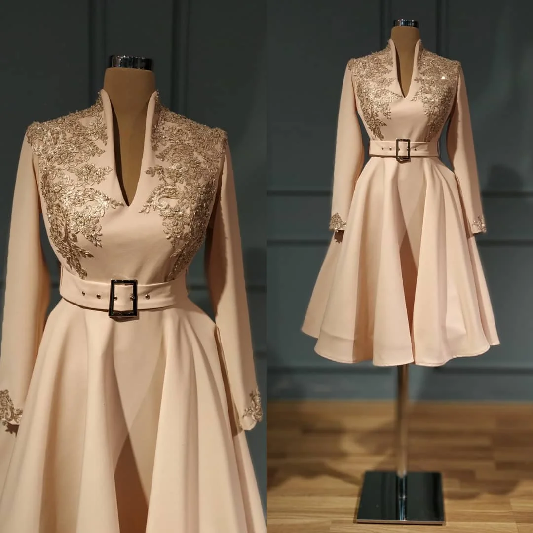 

New Champagne Evening Dresses Mid A-line V-neck Long Sleeves Applique Dubai Saudi Arabic Prom Dress For Party Vestidos Formales