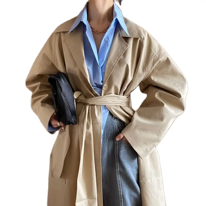 

GetSpring Women Trench Coat Vintage Single Breasted Lace Up Full Sleeve Ladies Windbreaker Loose Casual Long Autumn Tops 2021