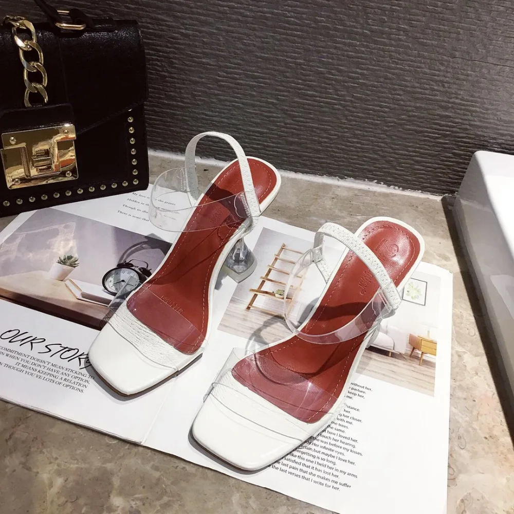 Bellinsley White Yellow PVC Jelly Sandals Crystal Open Toe Perspex Spike High Heels Transparent Heel Sandals Slippers 9CM Pumps