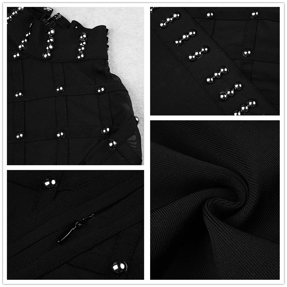 

High Quality Spring 2021 Sexy O-Neck Long-Sleeved Rivet Mesh See-Through Bandage Dress Women'S Bodycon Party Dress Vestidos
