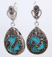 free shipping 112 fashionable jewelry 925 silver marcasite inlay blue stone waterdrop earrings