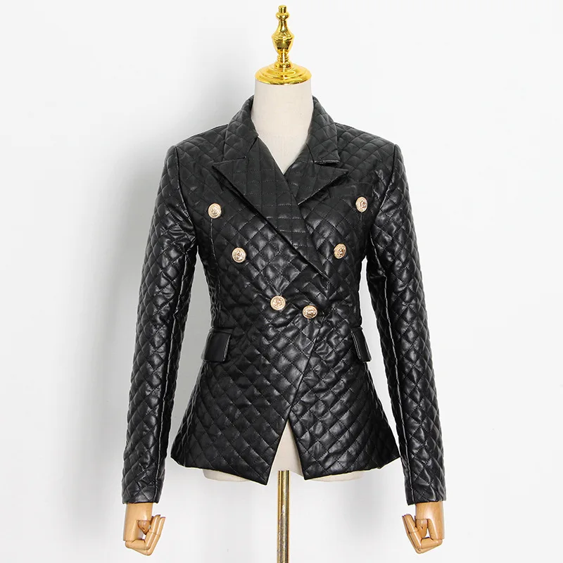 

Women Argyle Leather Blazer Double Breasted High Waist Blazer Coat