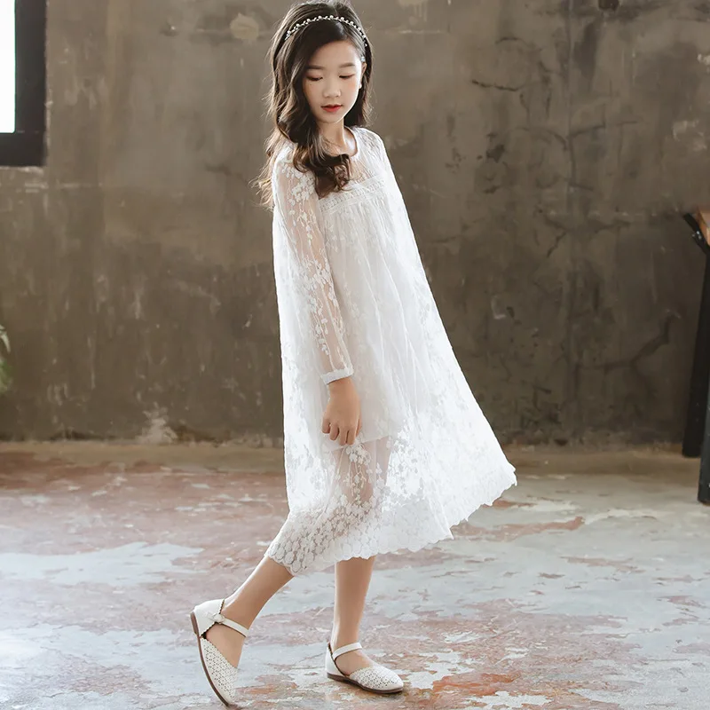 Big Girls Lace Hollow Summer Dress Kids Party Frocks Long Sleeve Elegant White bridesmaid Children Evening Vestidos | Детская одежда и