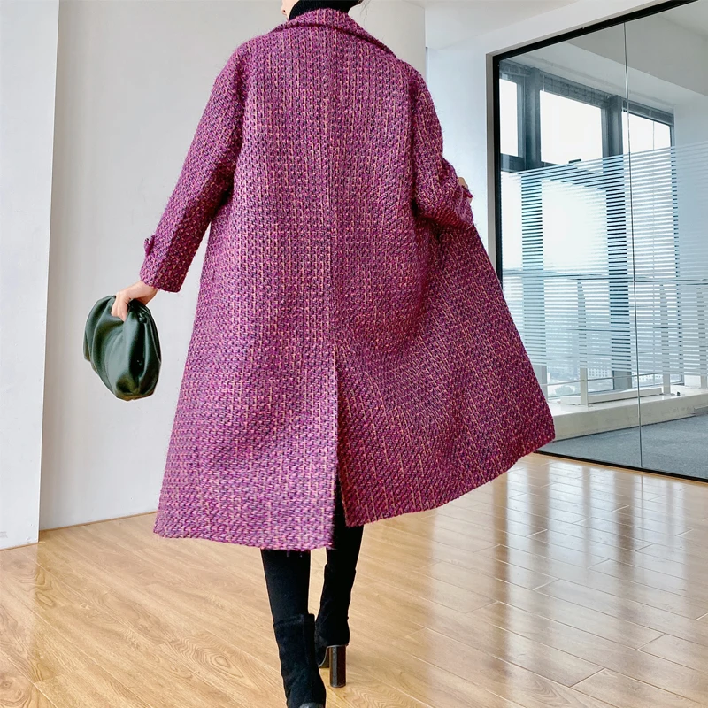 Женское твидовое шерстяное пальто повседневное свободное плотное в стиле ретро
