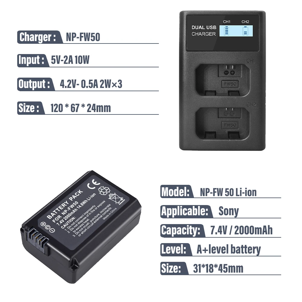 PALO 2000mAh NP-FW50 NP FW50 Camera Battery + USB LCD Dual Charger for Sony Alpha a6500 a6300 a7 7R a7R II a7II NEX-3 NEX-3N | Электроника