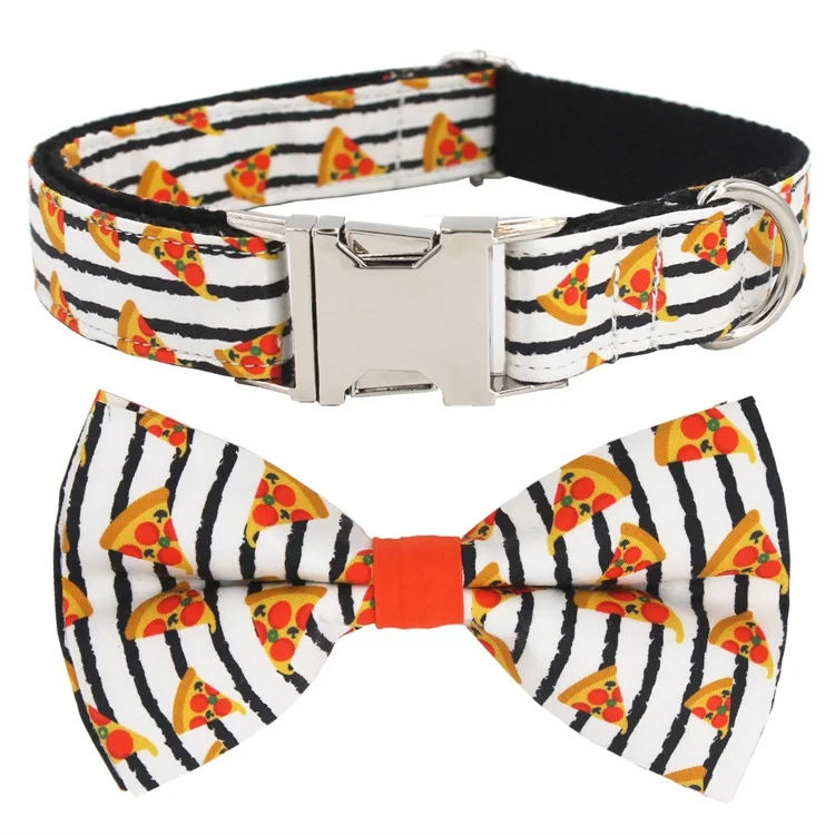 strip collar bow Популярный собачий ошейник с рисунком пиццы и поводок с галстуком-бабочкой для больших и маленьких собак, хлопковый тканевый ошейник с металлической пряжкой цвета розового золота - Цвет: strip collar bow