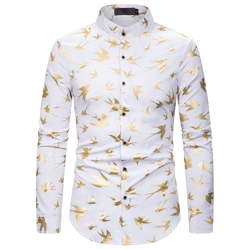 

Mens Luxury Dress Shirts Hipster Bird Print Shirt Shiny Button Down Shirt Men Party Wedding Prom Tuxedo Shirt Male Camisas XXL