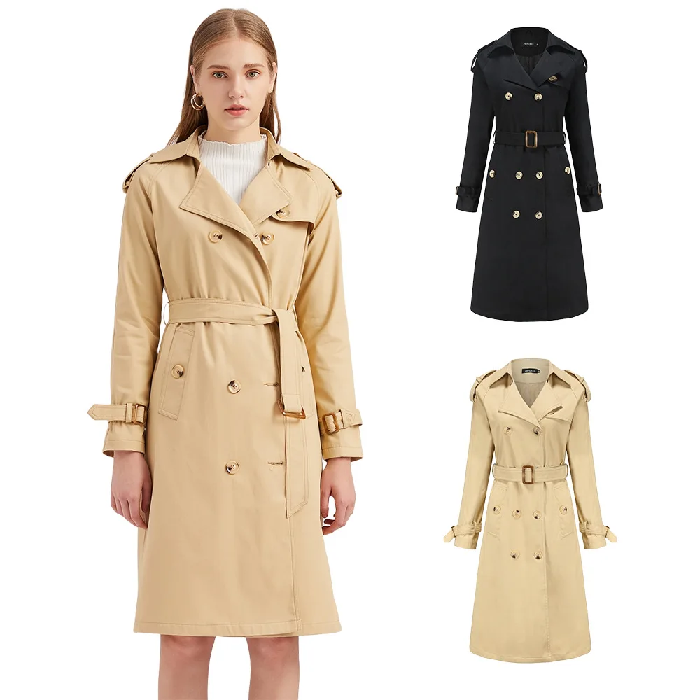 

Trench coat Womans clothes Cotton Polyester England Style Broadcloth Full Long Turtleneck Button Belt