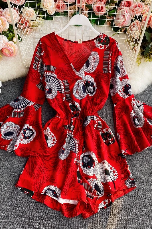 

Chiffon printing wide leg bodysuit femme bodysuits short sleeve sexy off shoulder jumpsuits woman rompers for women hot playsuit