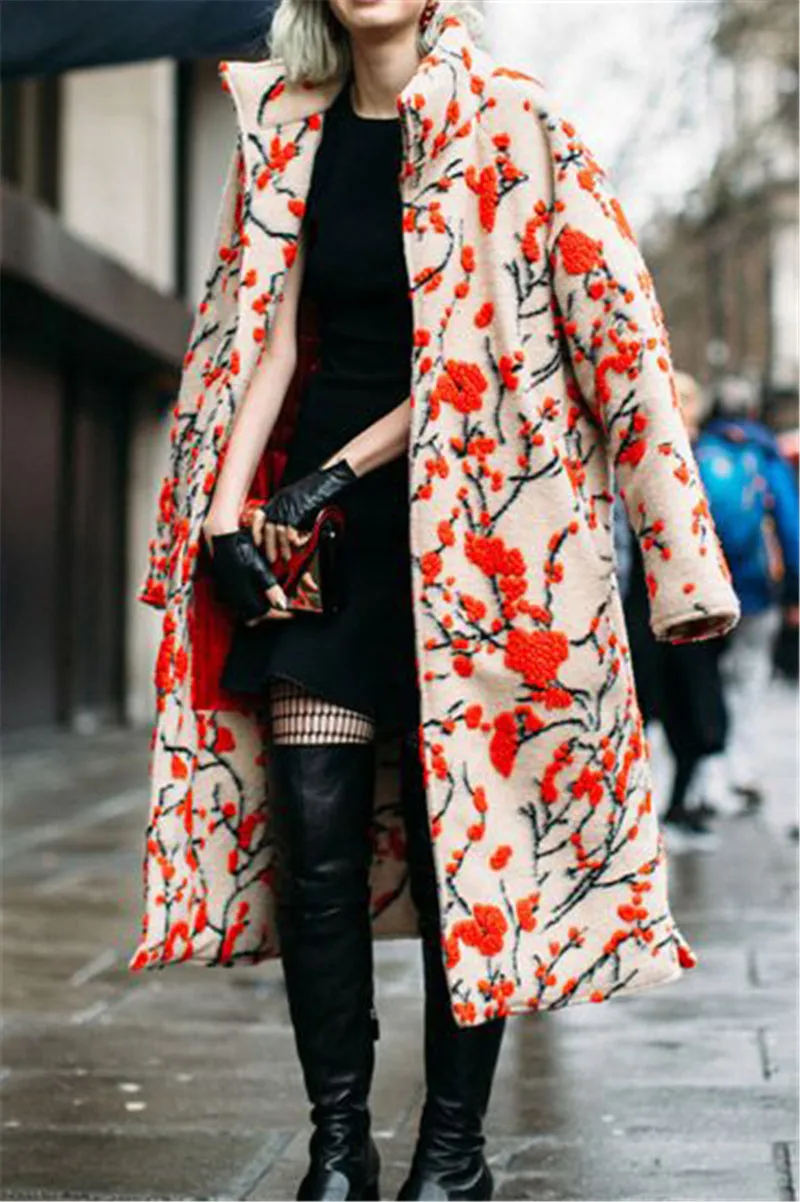 Модное женское пальто теплое плотное с цветочным принтом Винтаж уличный стиль