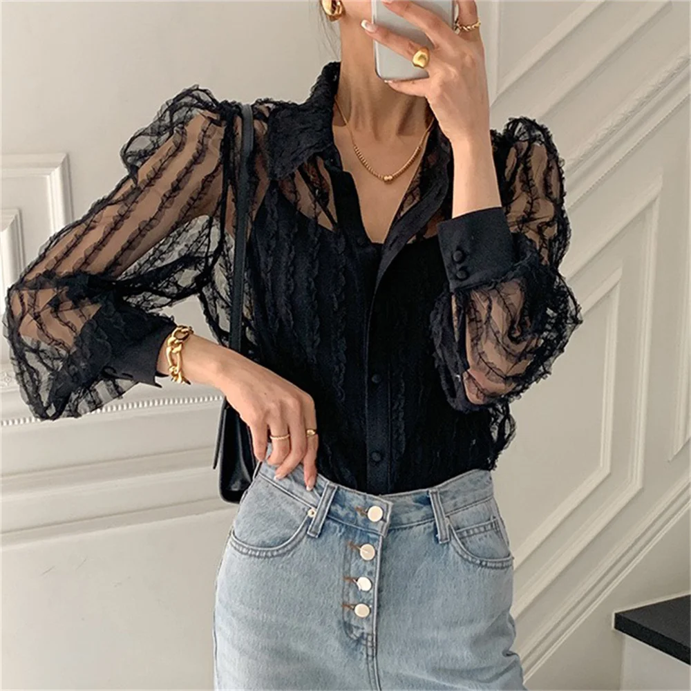 

HziriP Sexy Lace Women Shirts All Match Bottom 2021 Office Lady Streetwear Casual Hot Sale Chic Gentle New Loose Autumn Blouses