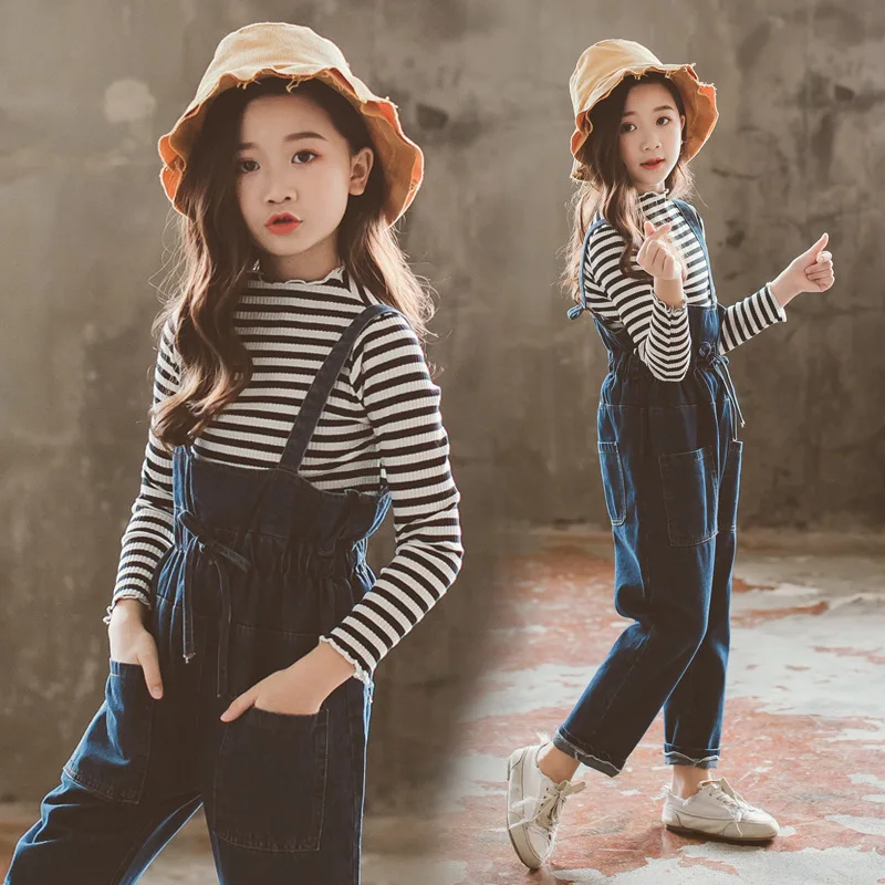 Модные осенние комплекты детской одежды для девочек 2020 г. Полосатая футболка +