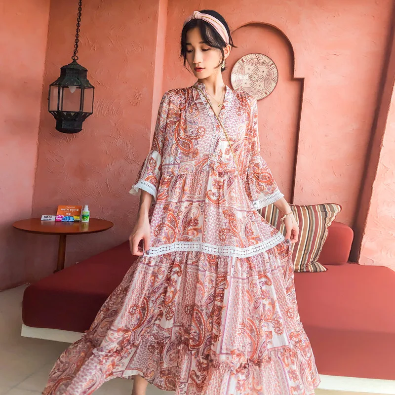 2020 Women Bohemian Style New Design V-neck Long Dresses Flare Sleeve Printing High Quality Holiday Clothing | Женская одежда