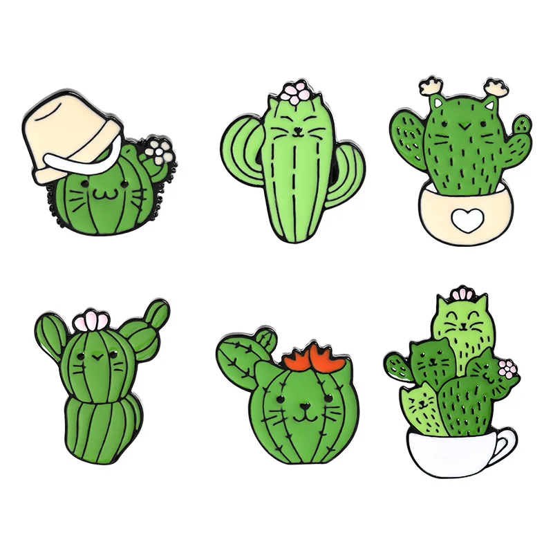 

Cactus Cat Enamel Pin Custom Kitten Face Cactus Coffee Brooches Shirt Lapel Bag Funny Animal Plant Badge Jewelry Gift for Kids
