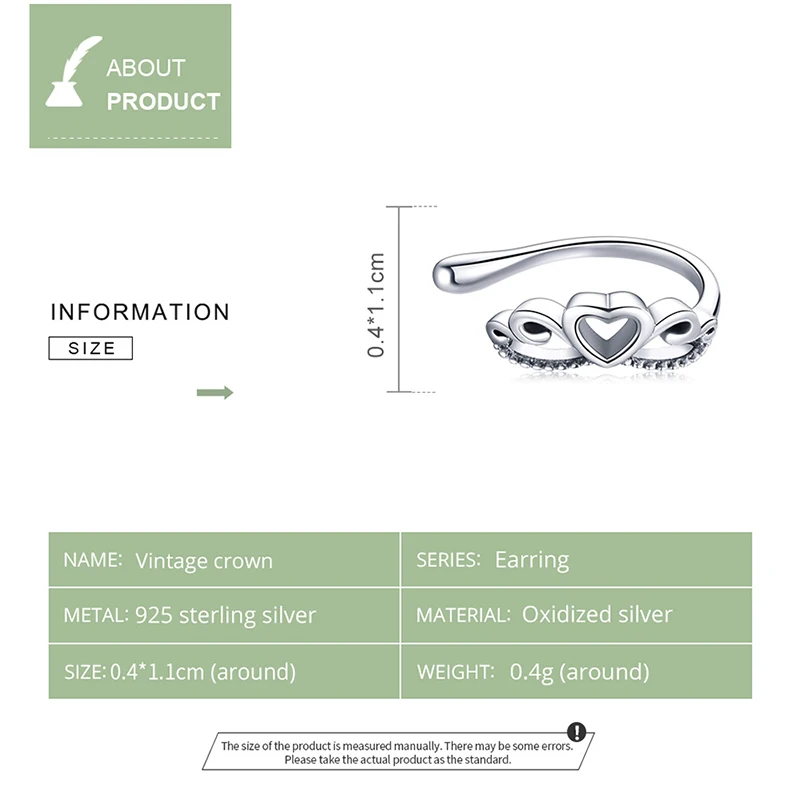 

Bamoer 1PCS Classic Vintage Crown Ear Clip for Women 100% 925 Sterling Silver Heart-Shaped Ear Clip Noble Party Jewelry GXE1201