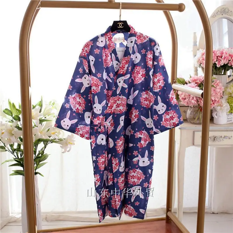 Summer Women Sleepwear Cotton Gauze Kimono Cherry Blossom and Bunny Long Robes Home Clothes Gowns Styles V-neck Bathrobe | Женская