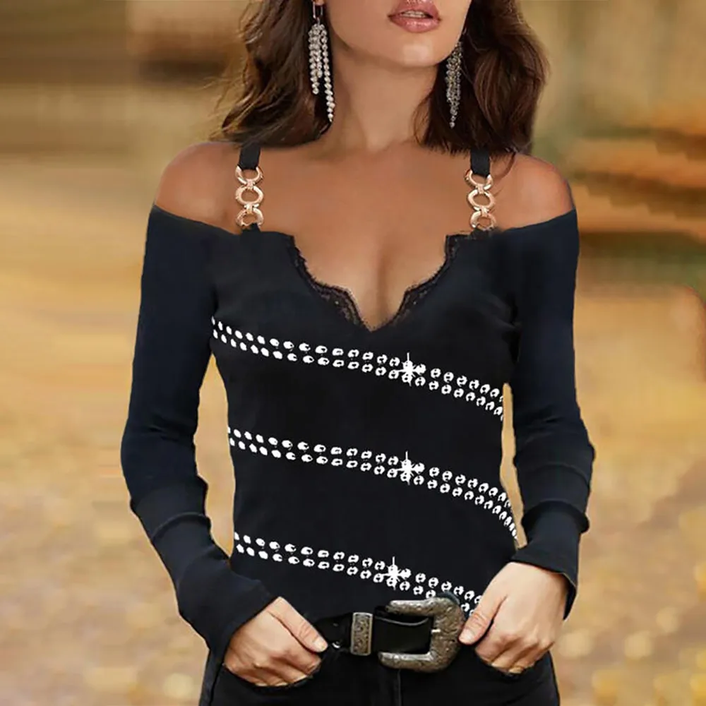 

Women Sexy V-Neck Lace Hot Drilling T-Shirt Solid Long Sleeve Off Shoulder Slim Chain Strap Casual Tops Fashion Femme Tee 2021