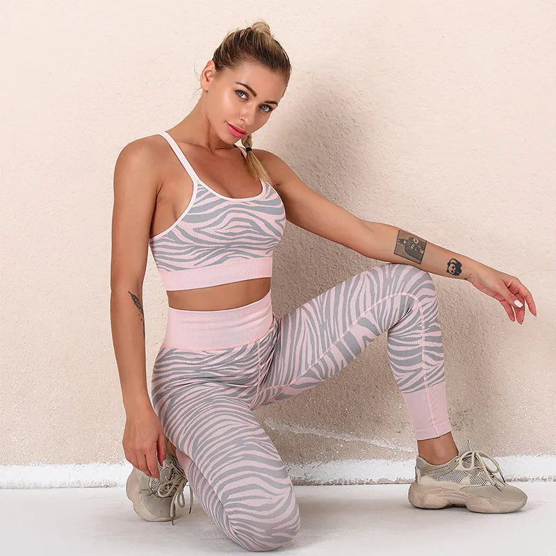 

Women Seamless Yoga Suit Two Piece Set Fitness Clothes Zebra Pattern Crop Tank Top Running Workout Leggings Activewear