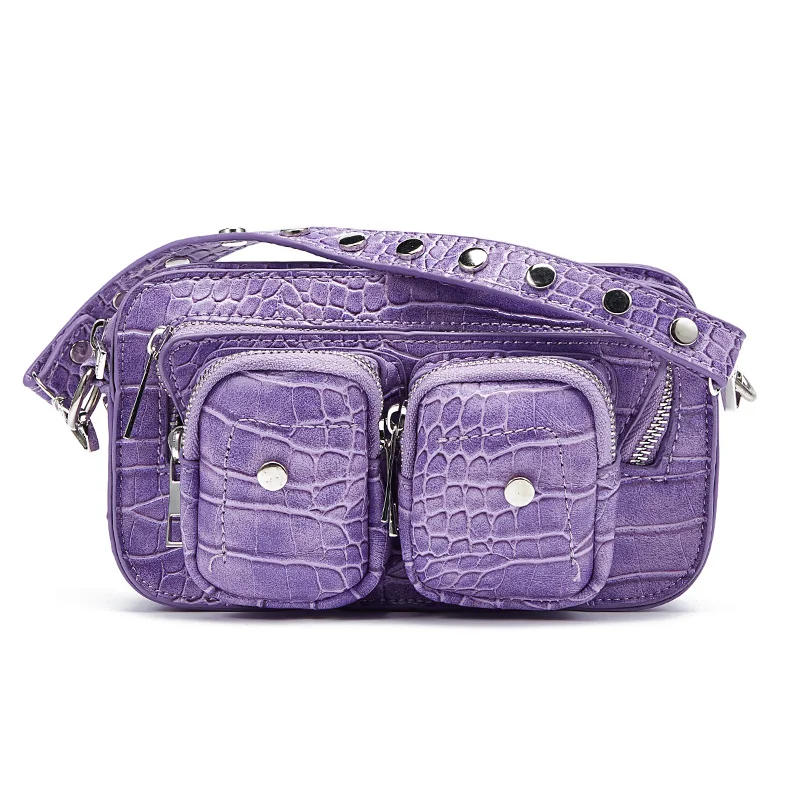 

Harajuku Street Crocodile Pattern Chain Mini Crossbody Bags Zipper Rivet Retro Dark Girl Pouch Punk Black PU Leather Handbag